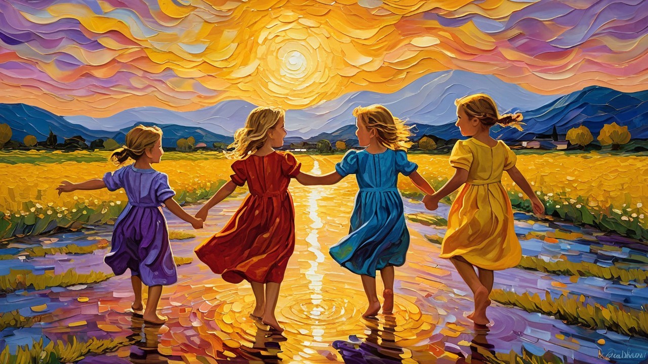 Young girls in colorful dresses in a sunlit field