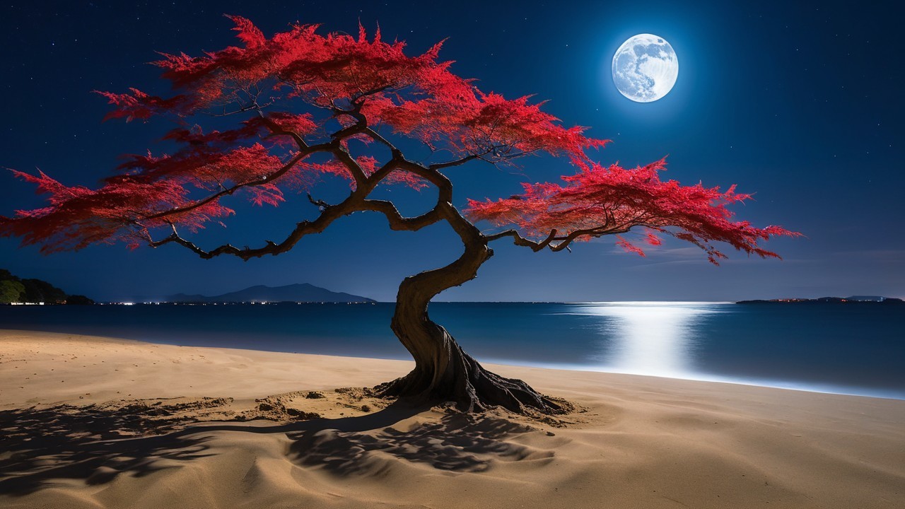 Twisted Tree with Red Leaves on Serene Beach at Night