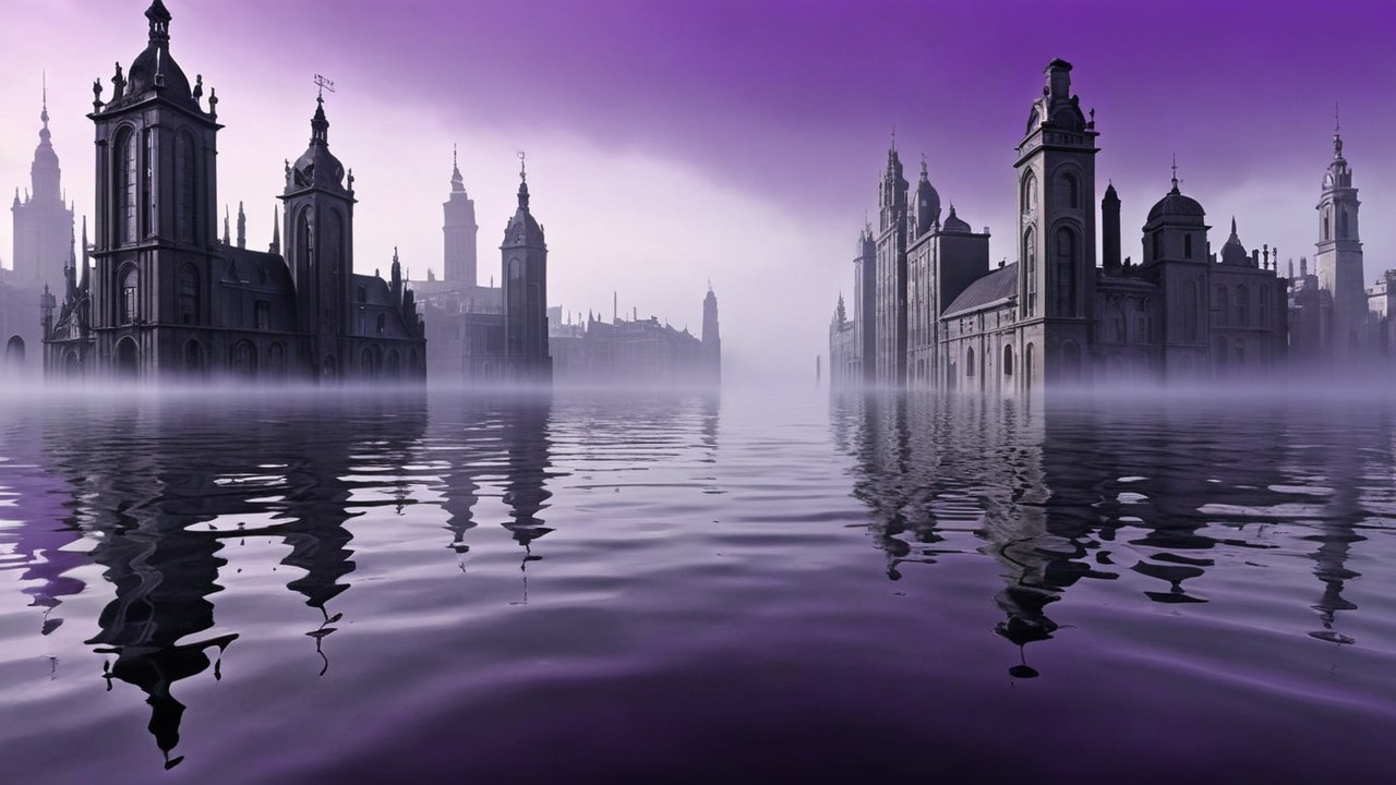 Surreal Misty Landscape with Gothic Buildings and Water