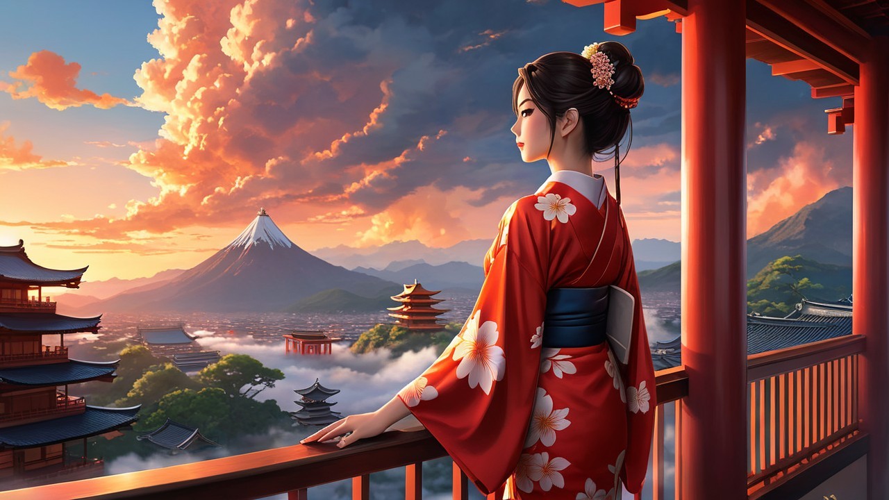 Woman in Kimono Overlooking Serene Sunset Landscape
