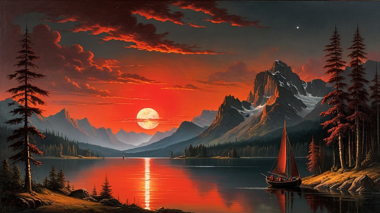 Twilight Landscape with Sunset and Calm Lake Reflection