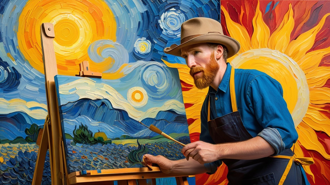 Bearded Artist Painting Inspired by Van Gogh's Style