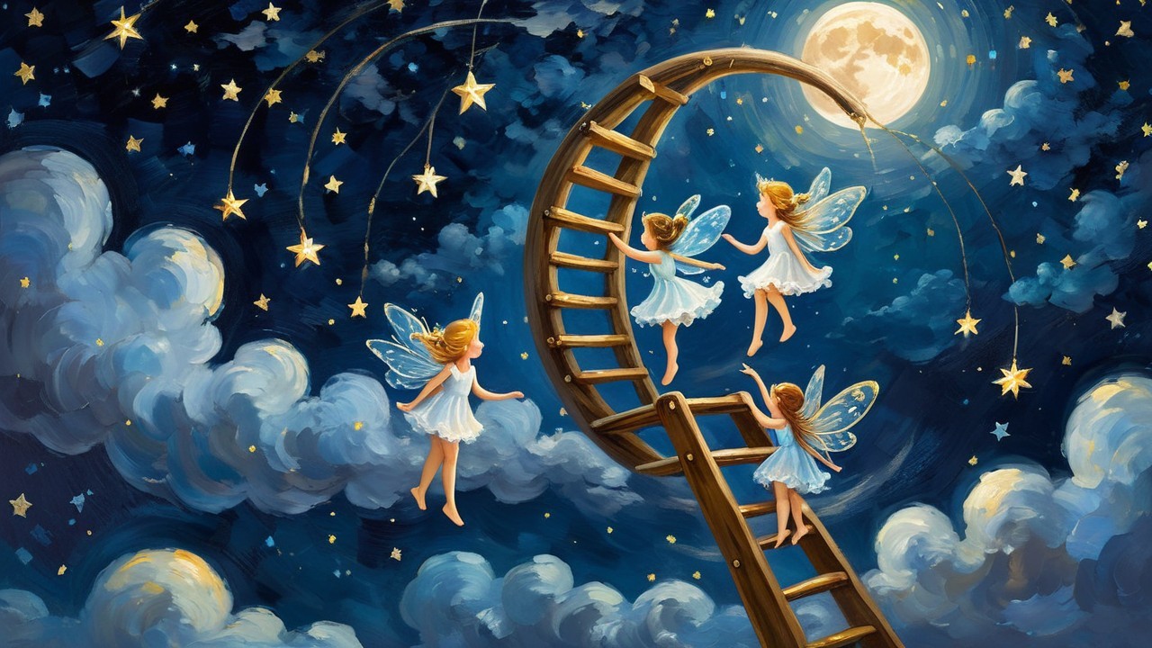 Fairies Climbing a Ladder to a Glowing Full Moon
