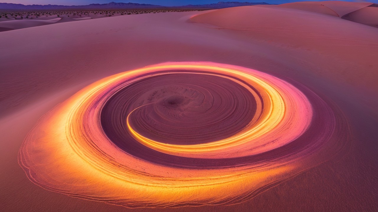 Vibrant Swirl of Light Over Sand Dunes at Twilight