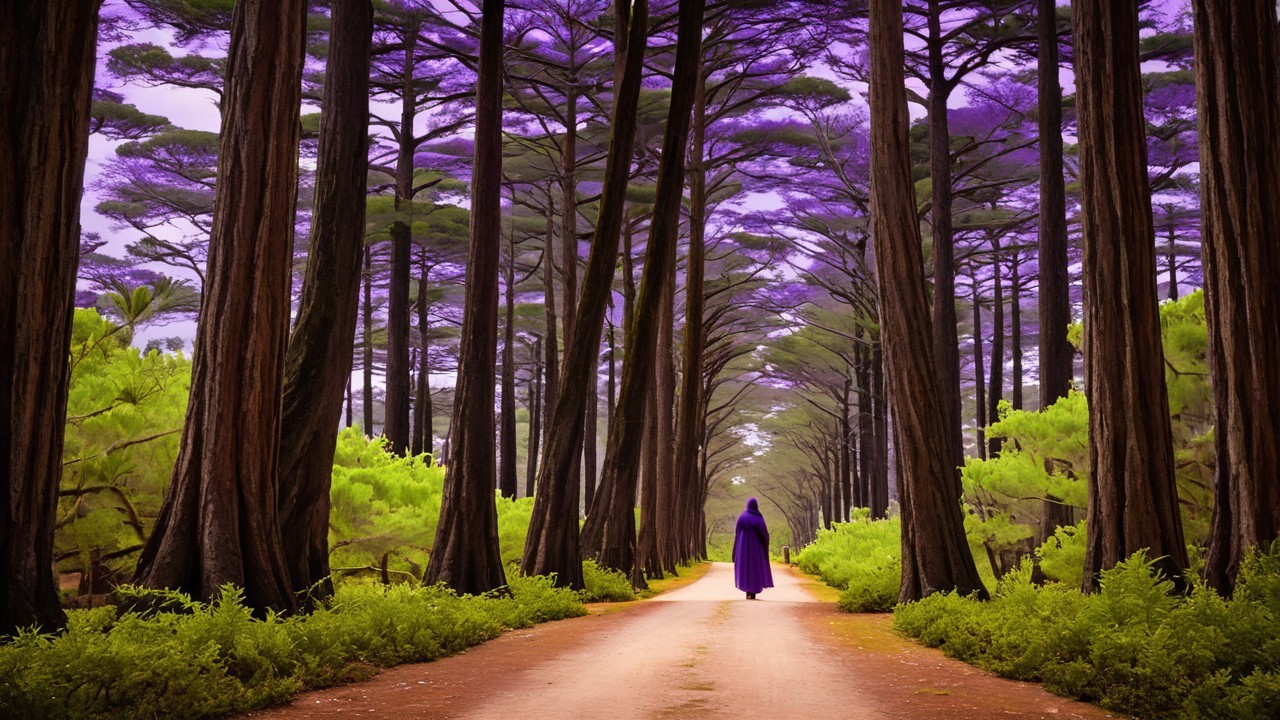 Solitary figure in purple by tranquil forest pathway
