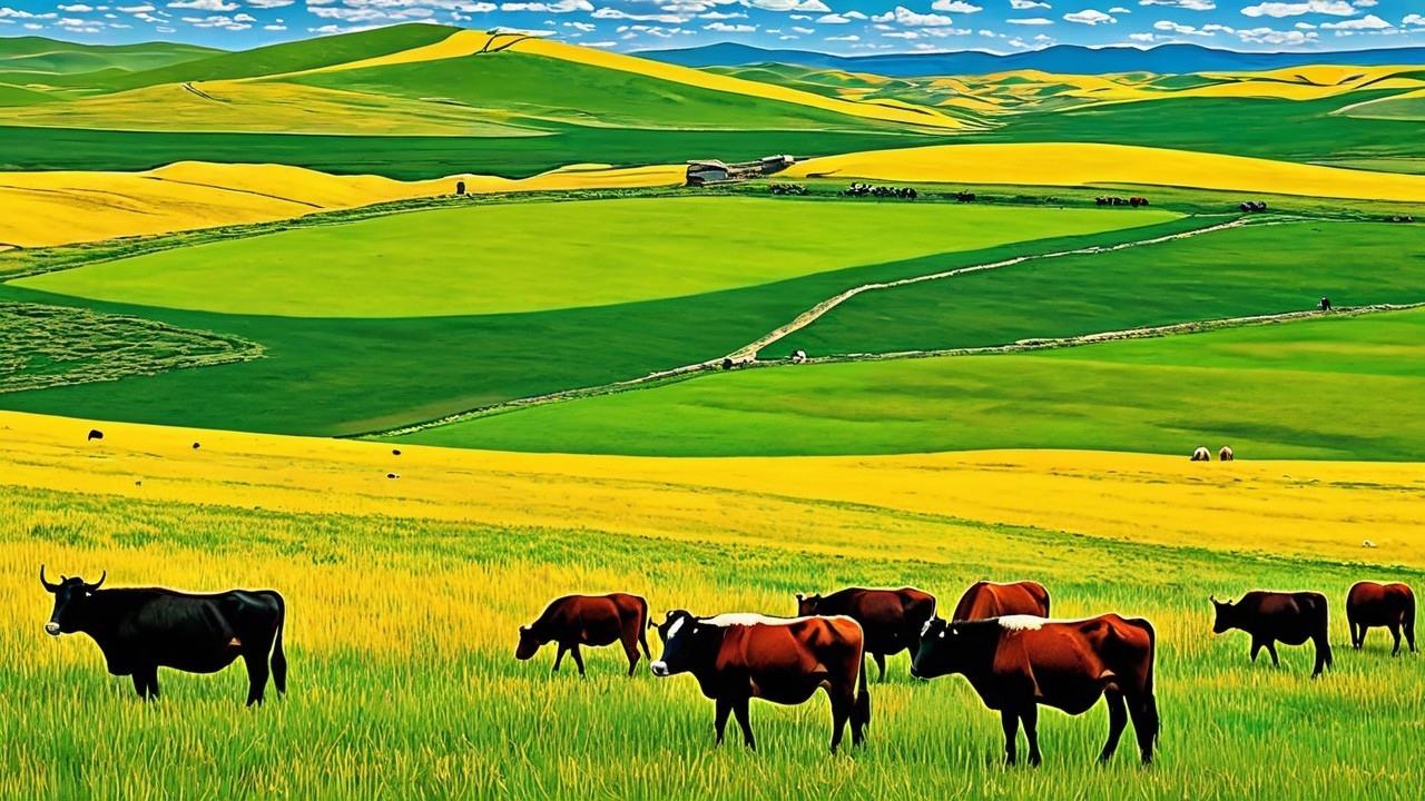 Herd of Cattle Grazing in Colorful Field Landscape