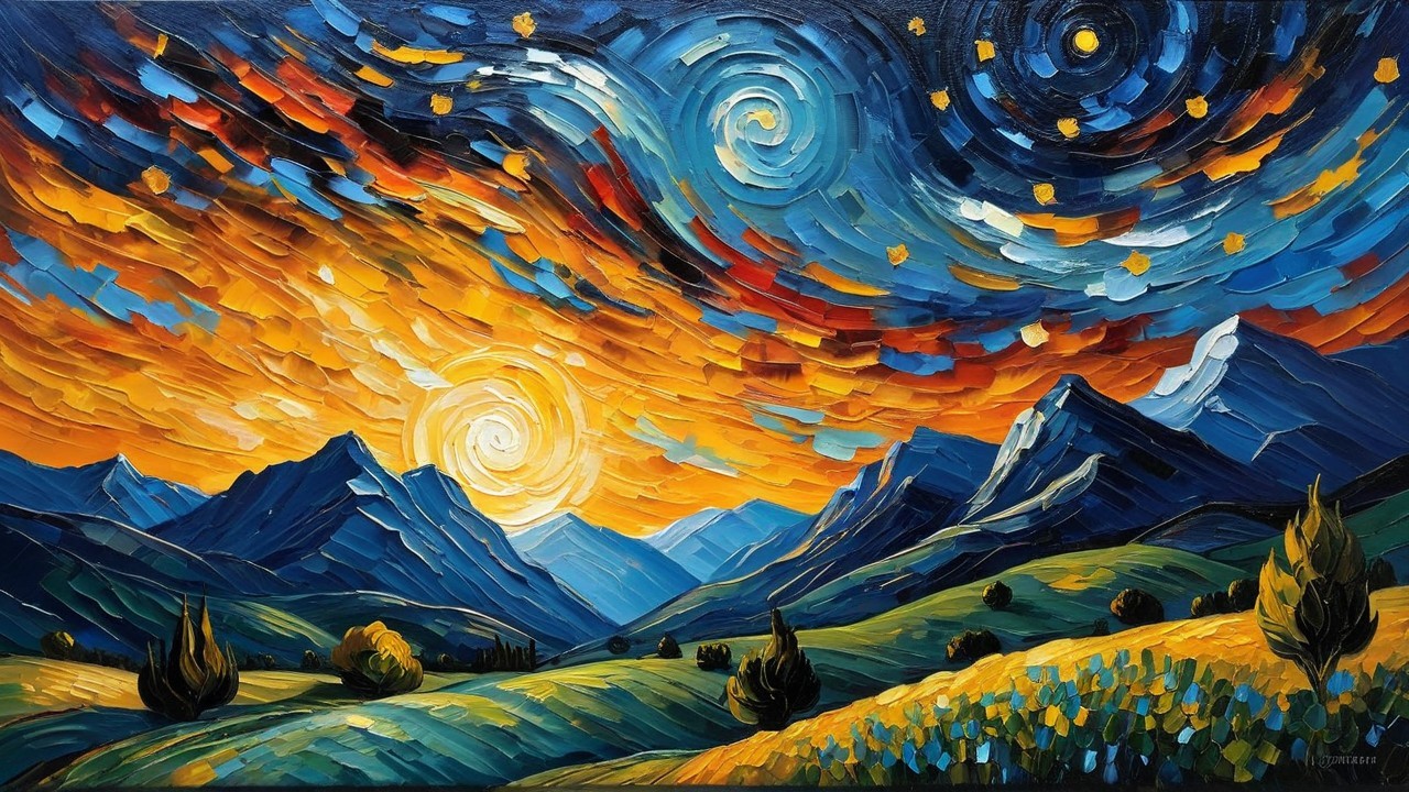 Vibrant Dusk Landscape with Mountains and Colorful Fields