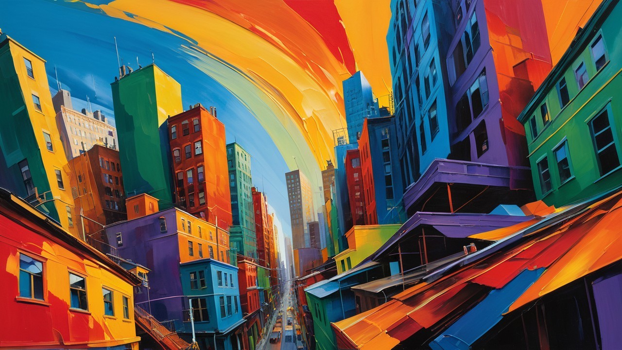 Vibrant Urban Streetscape with Colorful Buildings