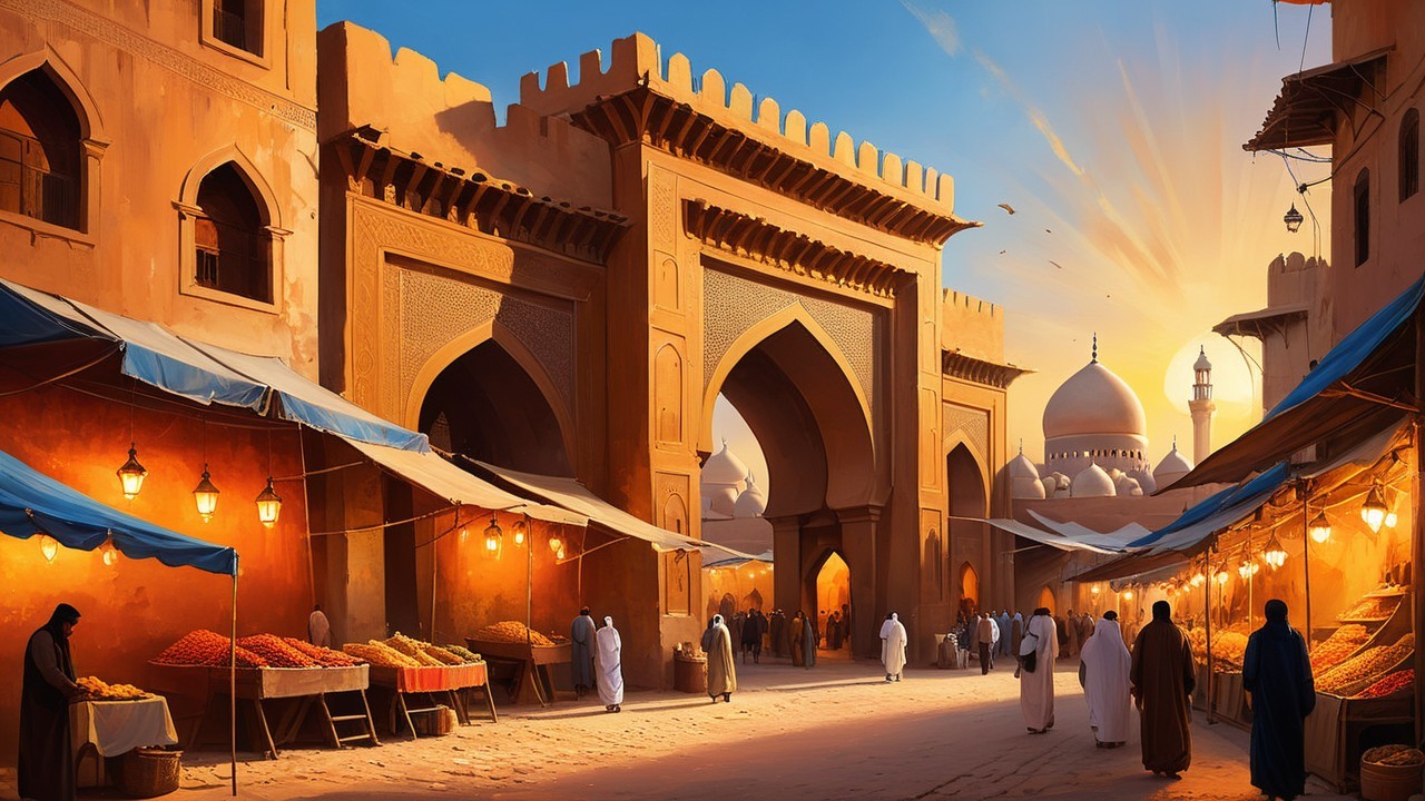 Vibrant Ancient Marketplace at Sunset with Stalls