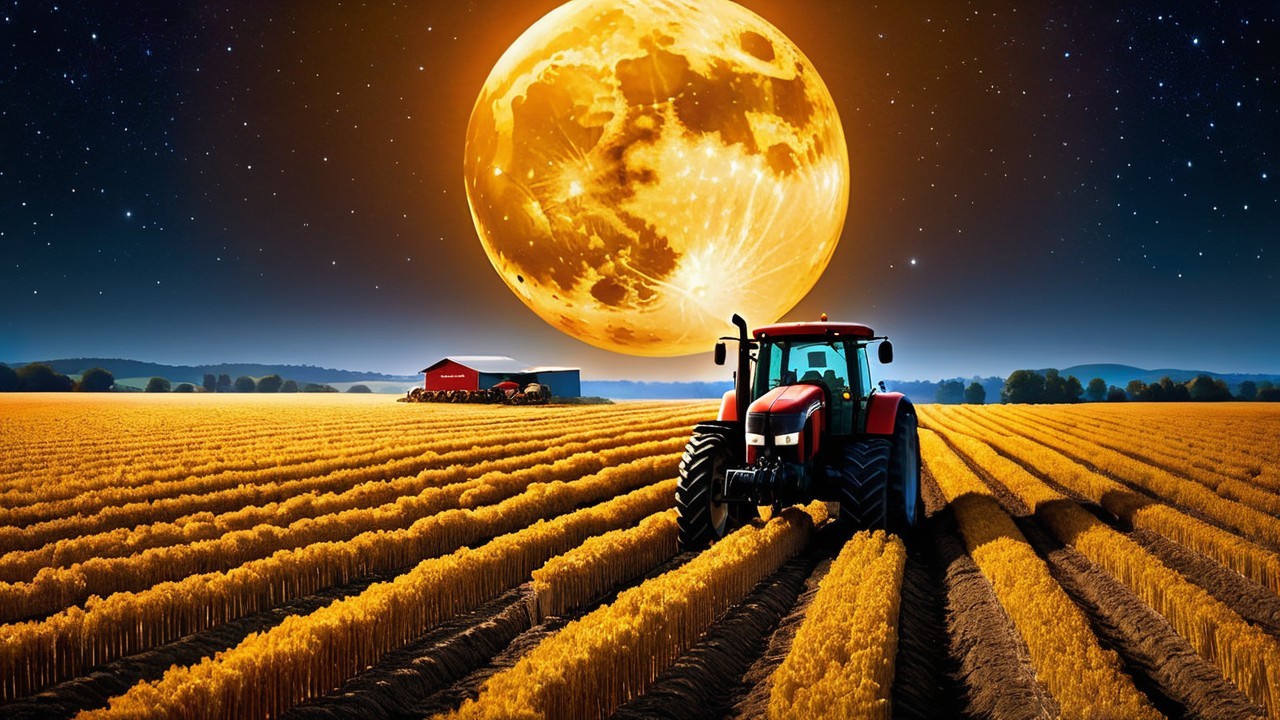 Crimson Tractor in Wheat Fields Under Full Moon