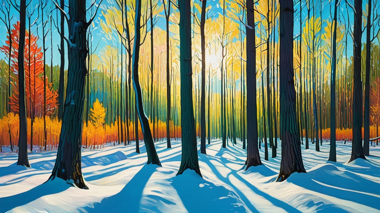 Vibrant Winter Forest with Tall Trees and Snow