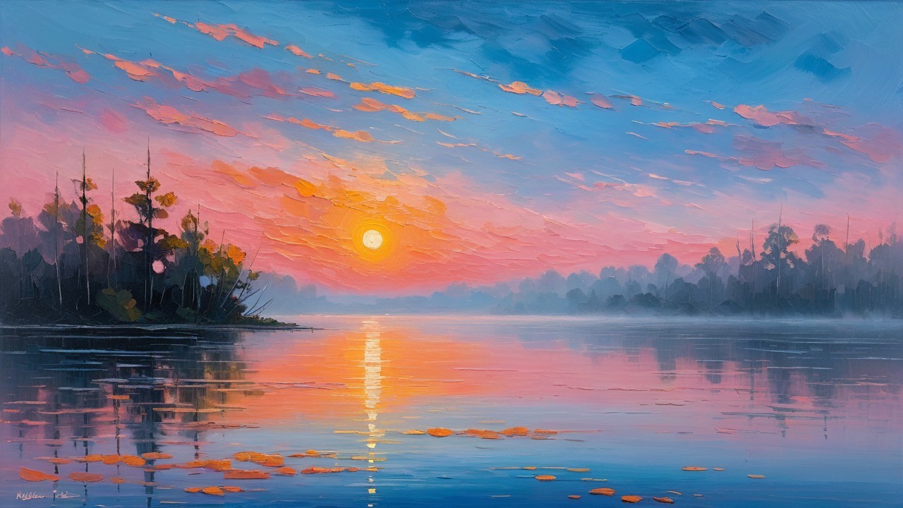 Tranquil River Landscape Painting at Sunset