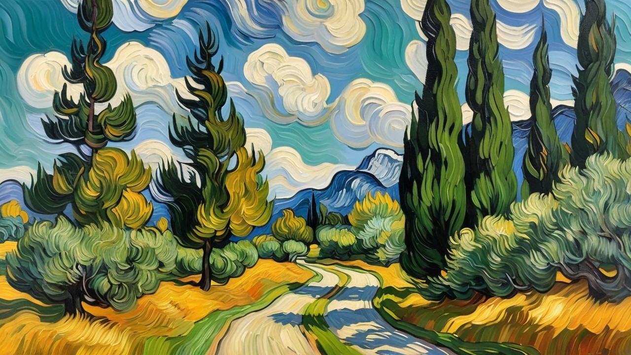 Vibrant Landscape with Winding Path and Cypress Trees