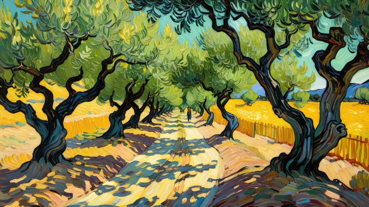 Vibrant Landscape with Olive Trees and Golden Fields