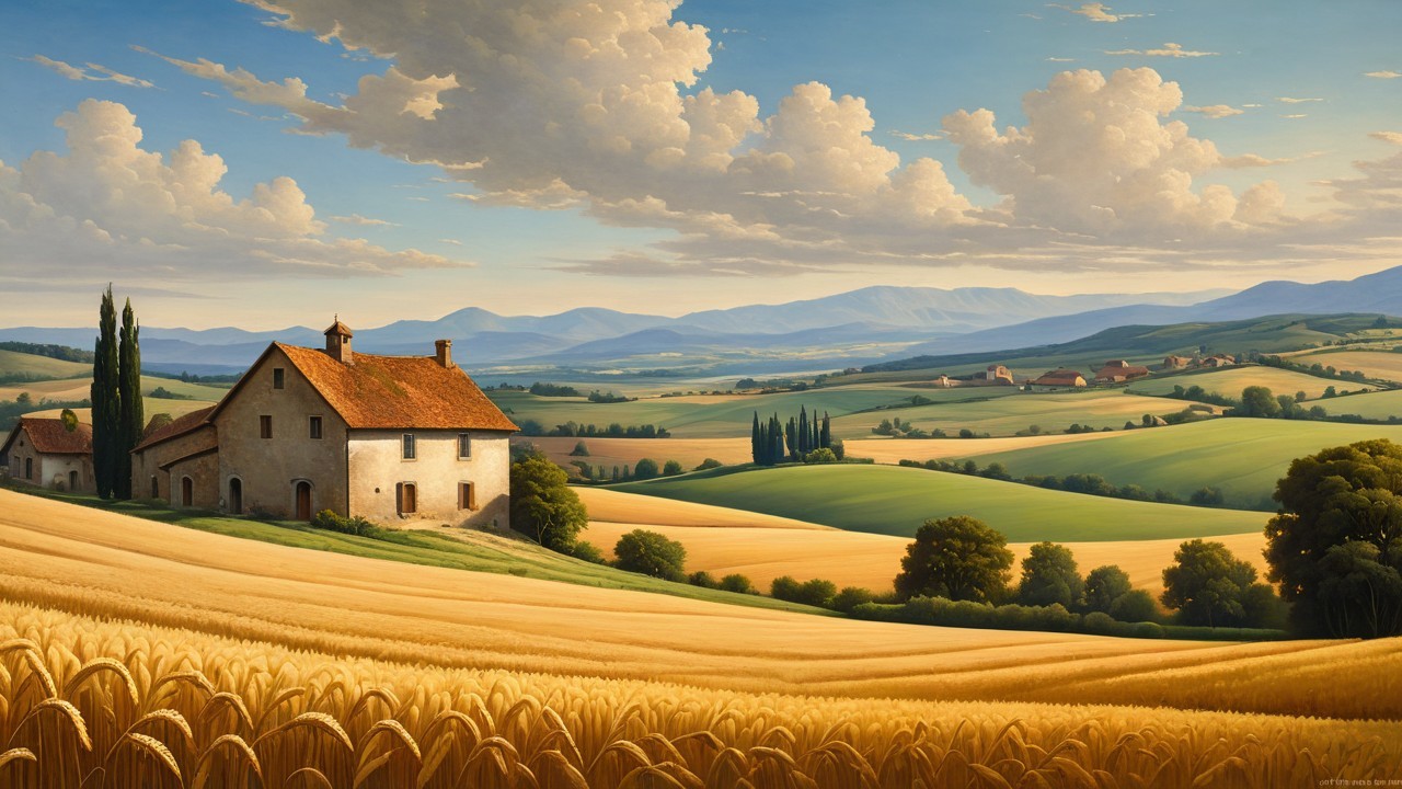 Serene Rural Landscape with Farmhouse and Mountains