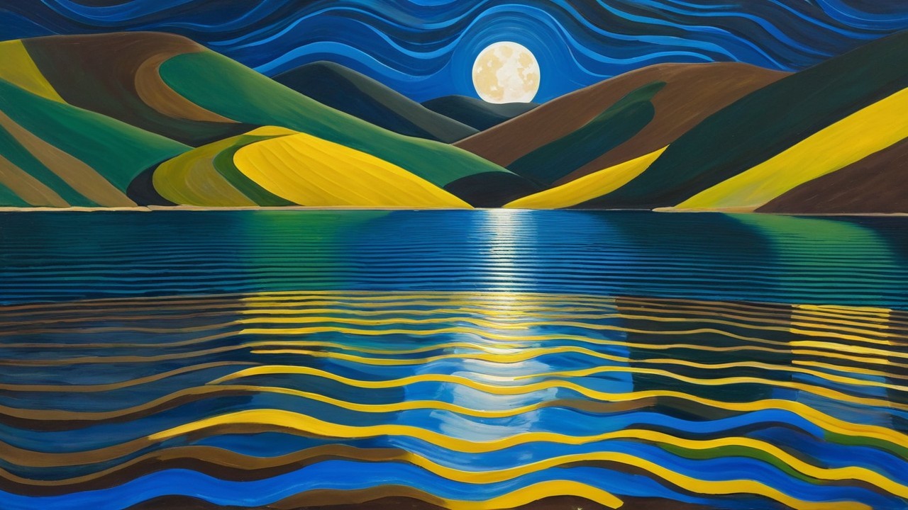Vibrant Landscape with Rolling Hills and Full Moon