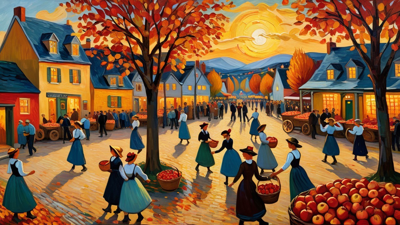 Vibrant Autumn Market Scene with Traditional Attire