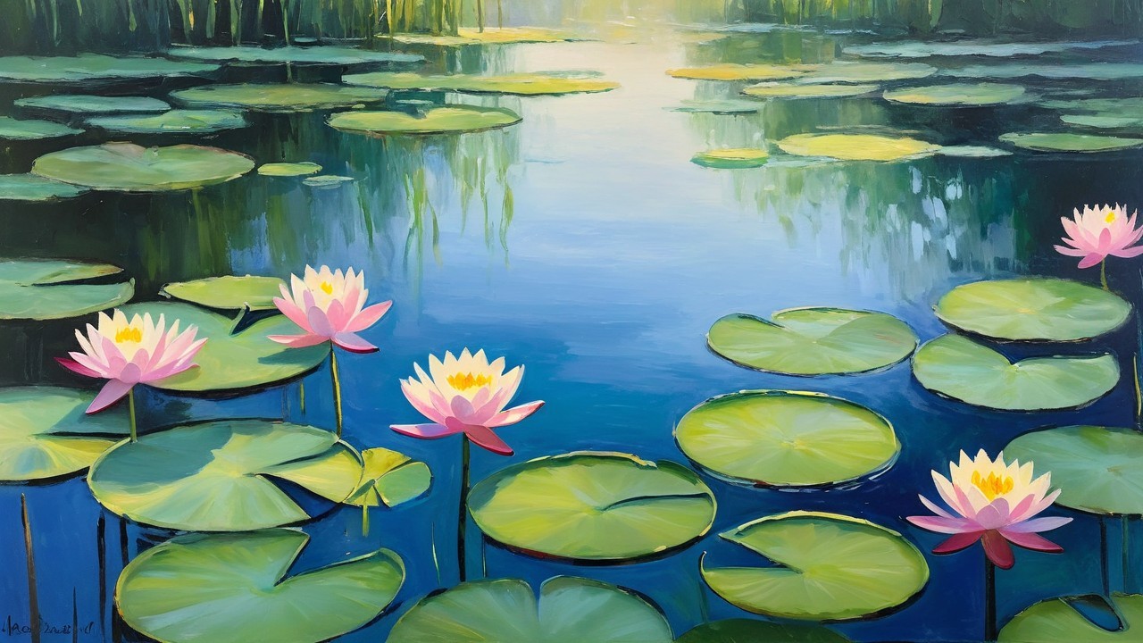 Tranquil Water Scene with Lily Pads and Water Lilies
