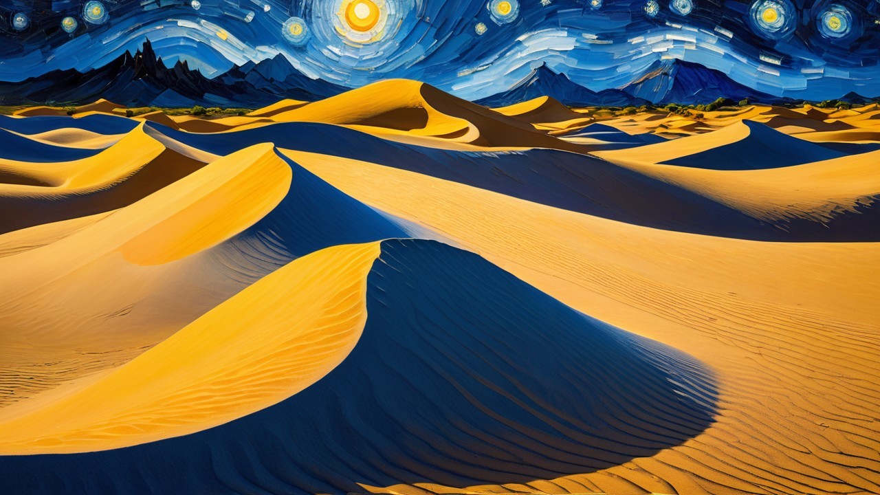 Desert Landscape with Sand Dunes and Starry Sky