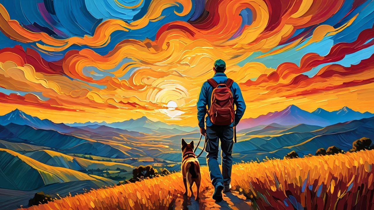 Vibrant Sunset Over Scenic Trail with Person and Dog