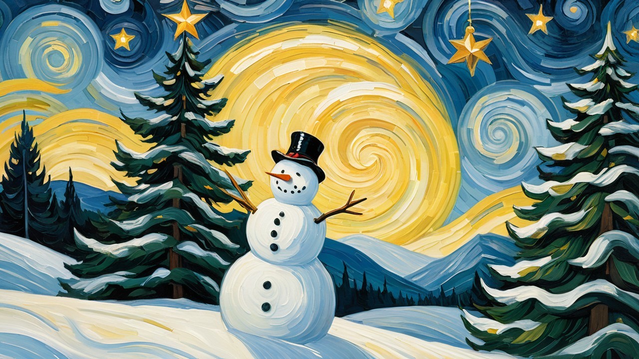 Winter Scene with Snowman and Evergreen Trees