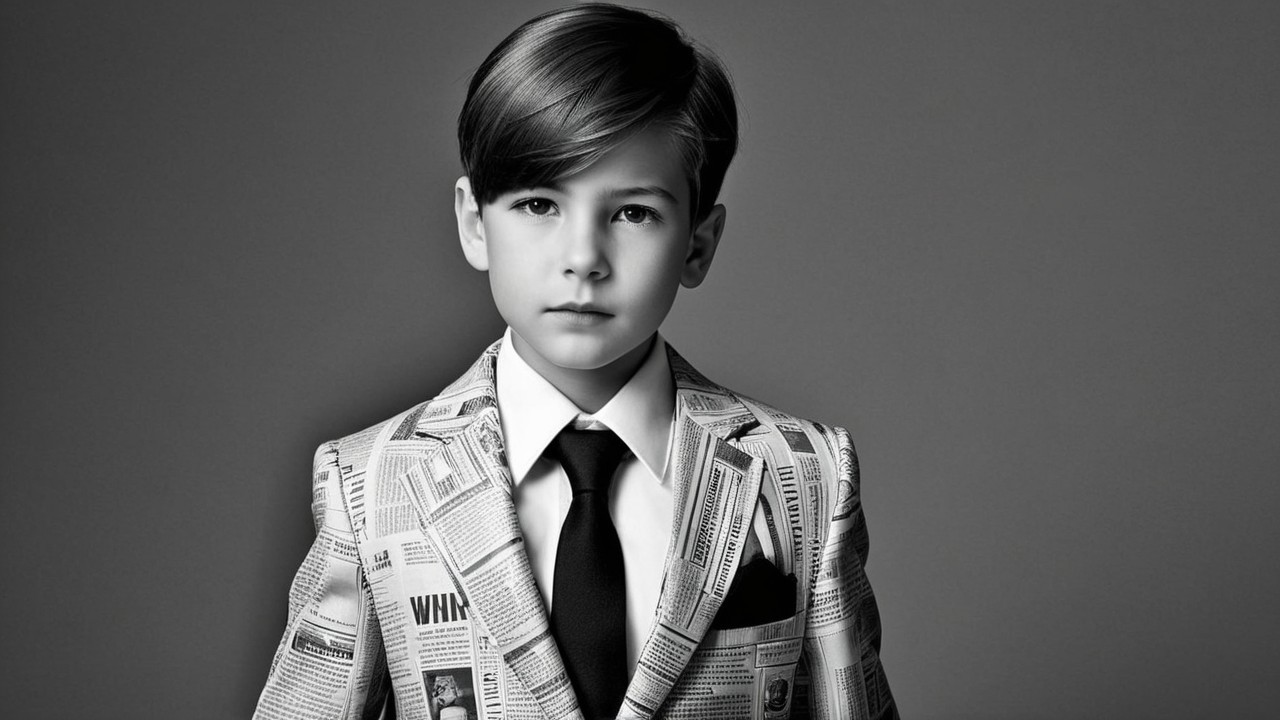 Young Boy in Newspaper Print Suit Modern Portrait