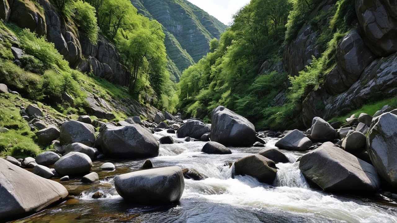 Serene River in Lush Green Valley with Rocky Hills