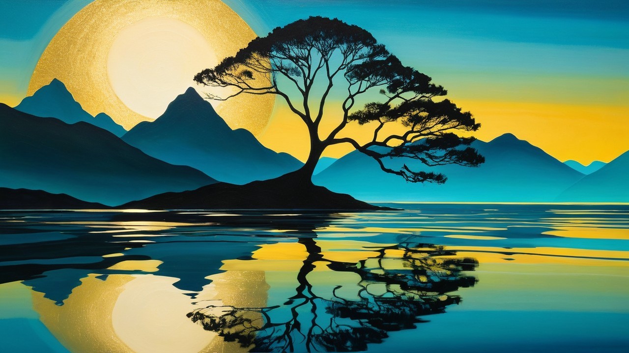 Serene Sunset Landscape with Silhouetted Tree