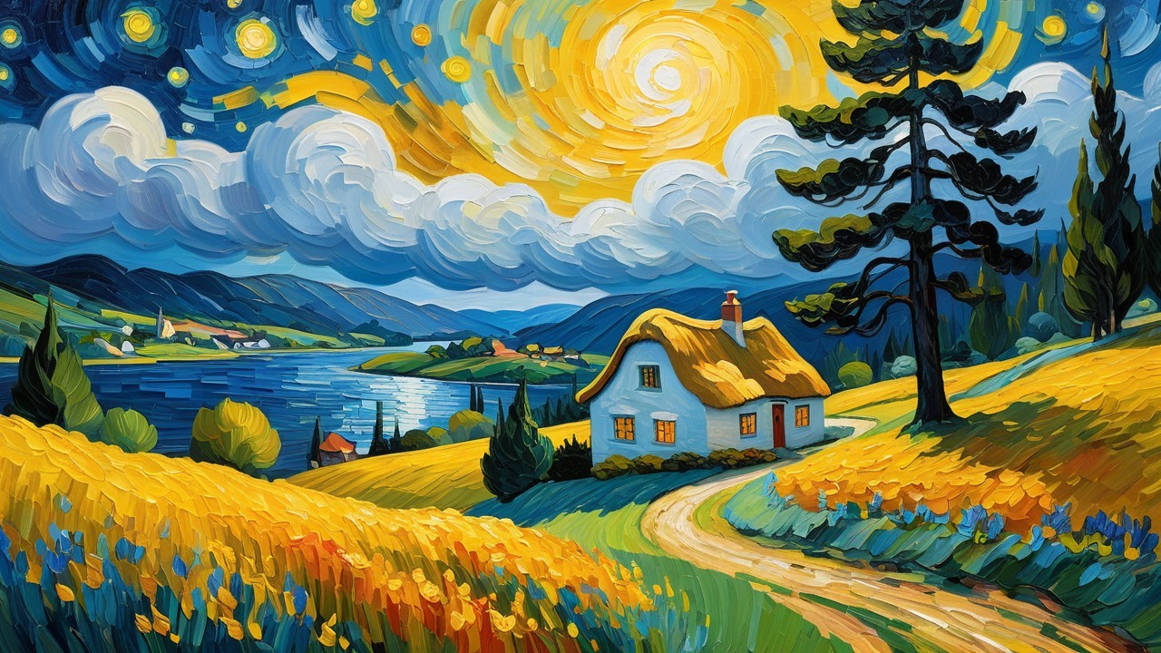 Vibrant Landscape with Cottage and Colorful Scenery