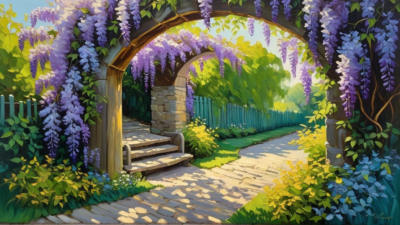 Serene garden pathway with stone arch and wisteria blooms