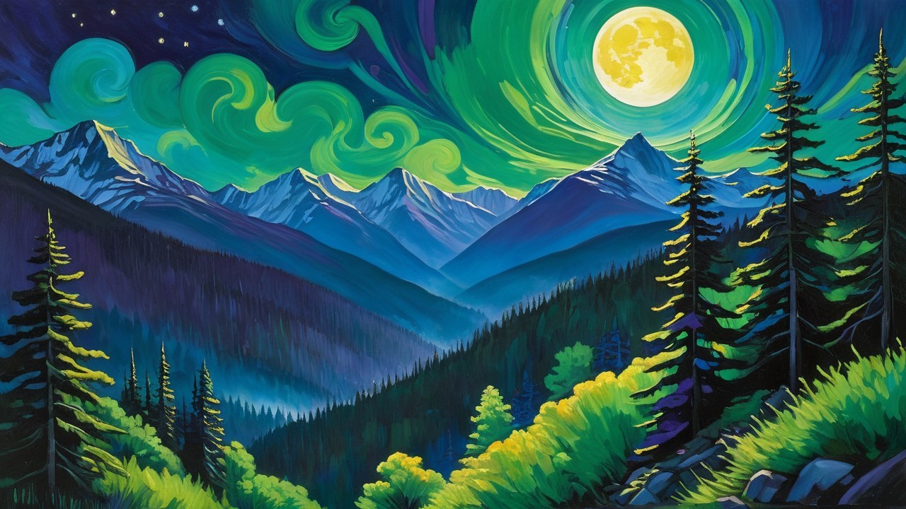 Majestic Mountains Under a Swirling Night Sky