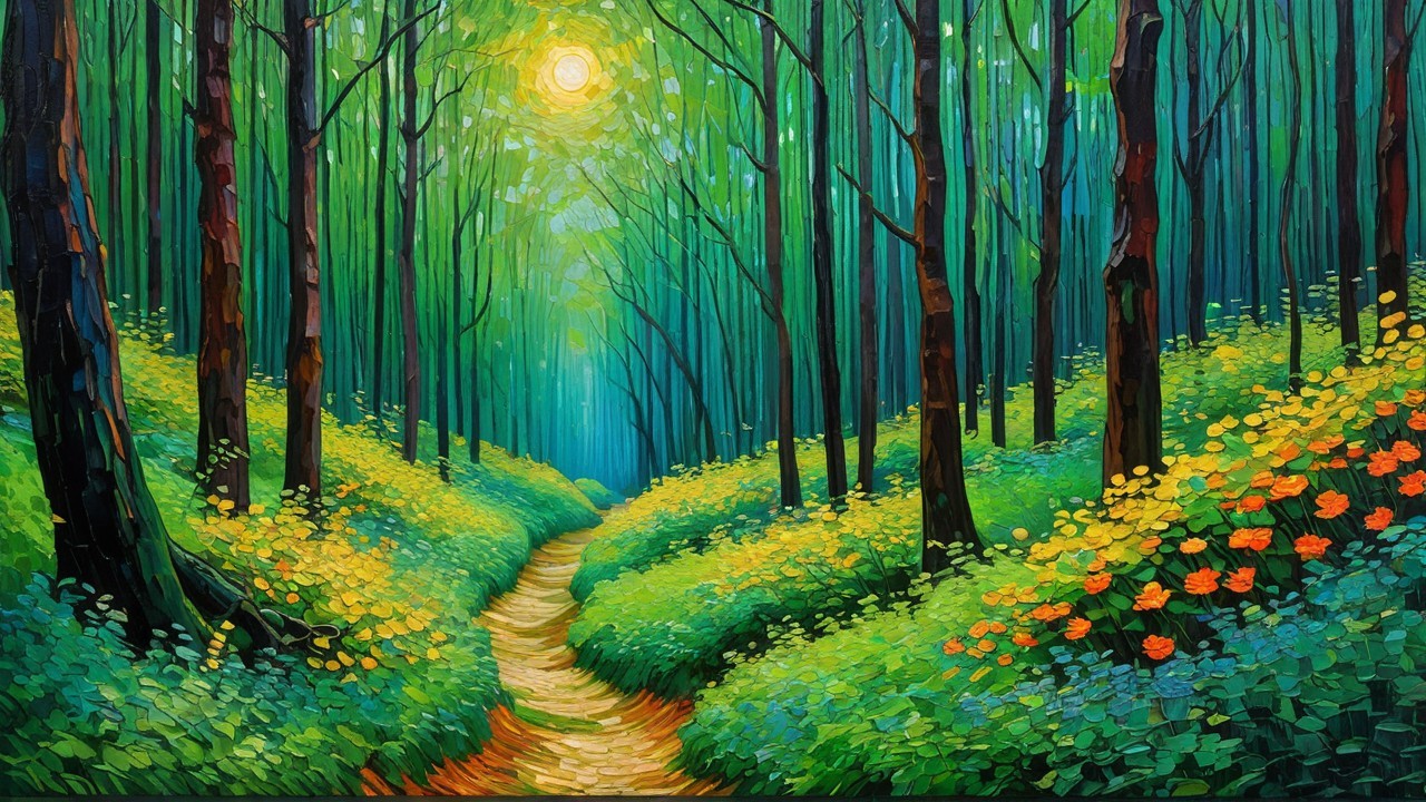 Lush Forest Scene with Colorful Wildflowers and Path