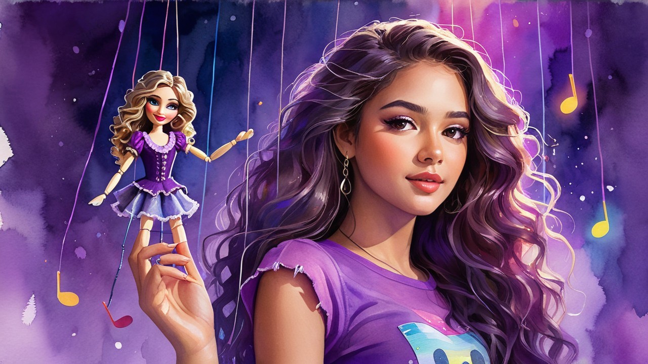 Young woman with purple hair and playful puppet display