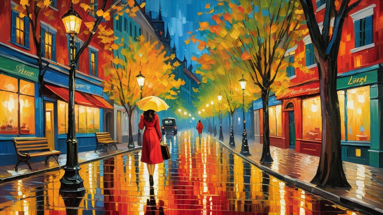 Vibrant Rainy Street Scene with Woman and Umbrella