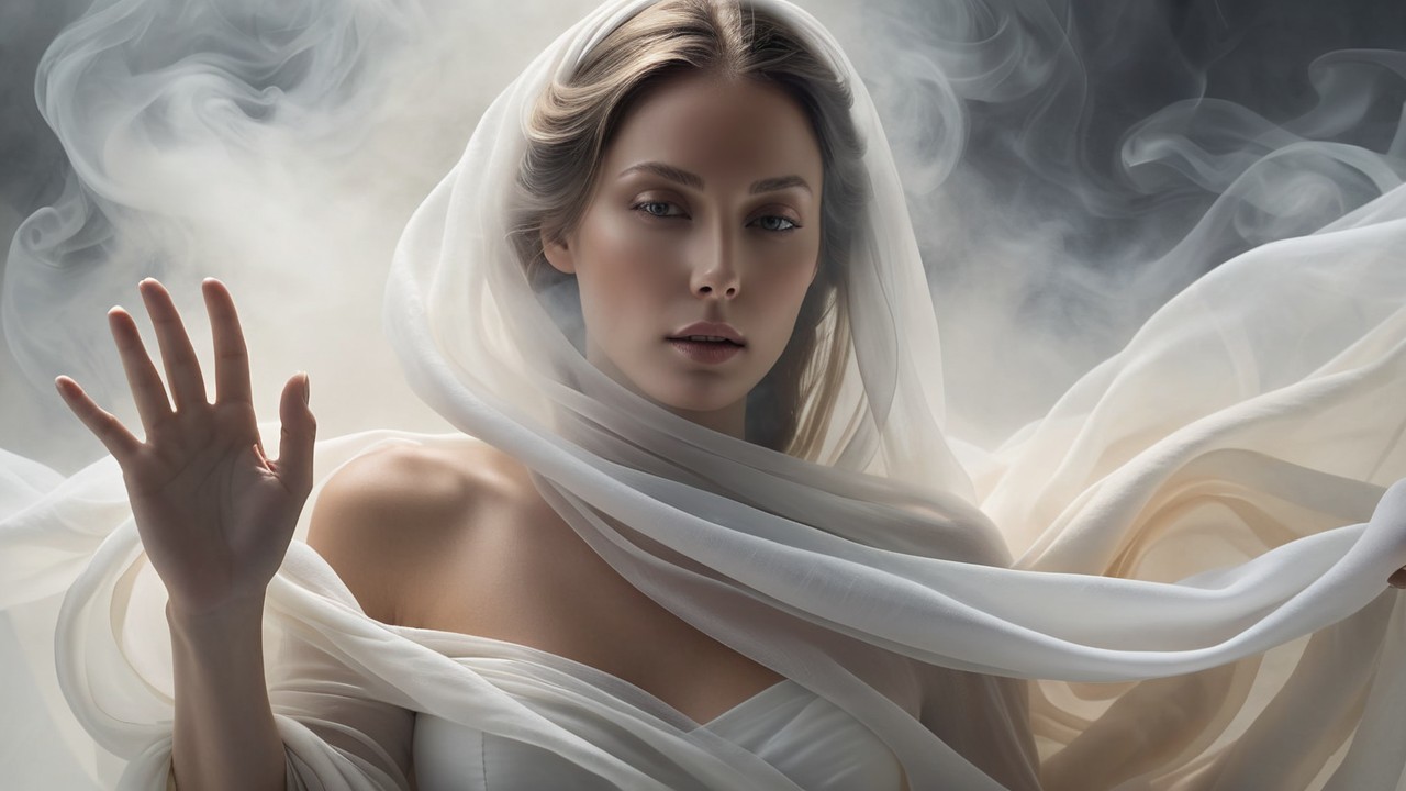 Ethereal Woman Surrounded by Soft Swirling Smoke