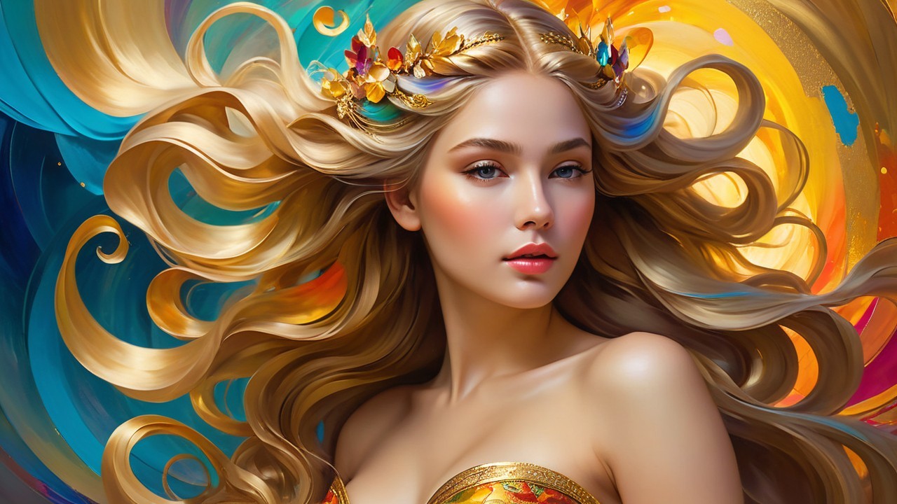 Portrait of a Young Woman with Colorful Crown and Hair