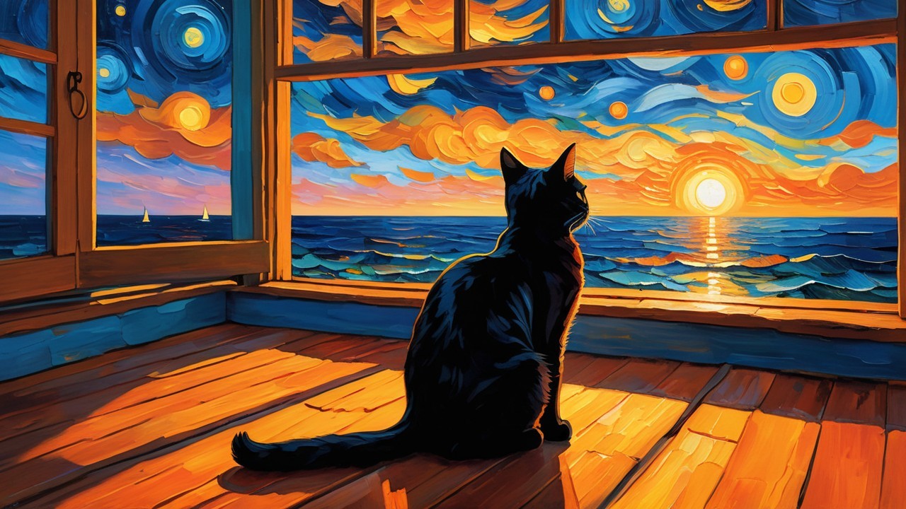 Black Cat on Wooden Floor with Sunset View