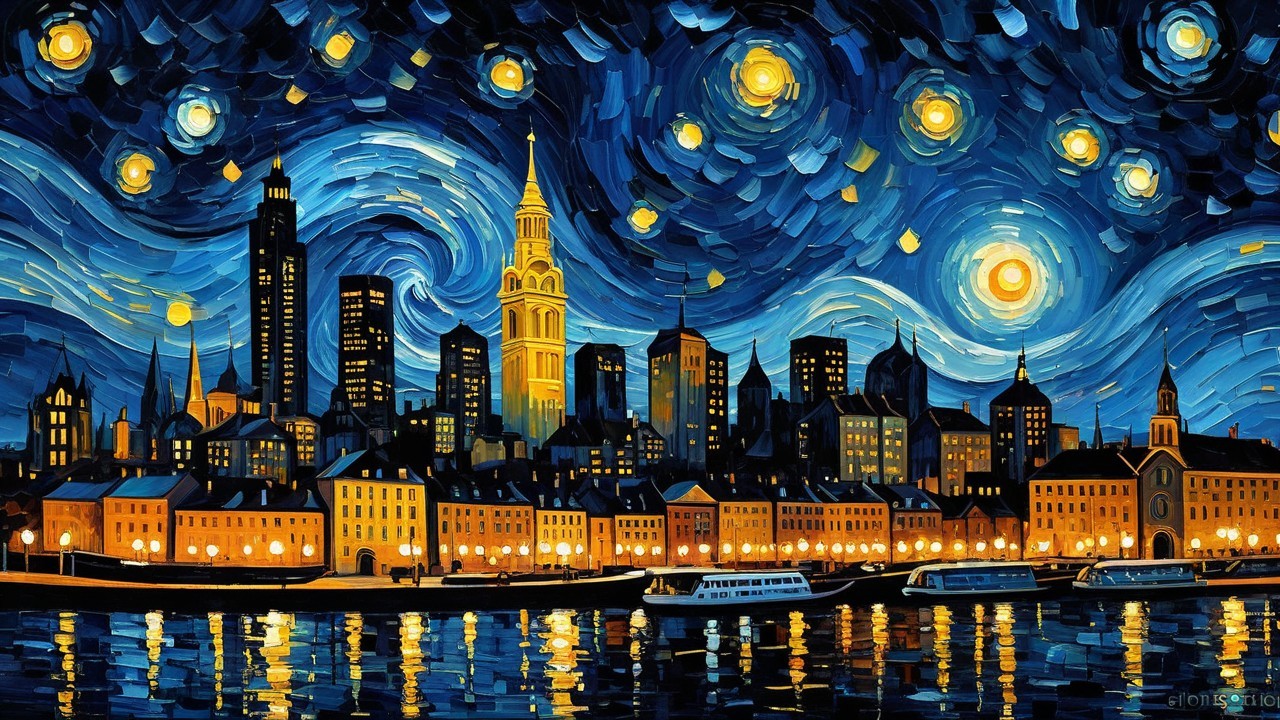 Vibrant City Skyline Under Starry Night Sky
