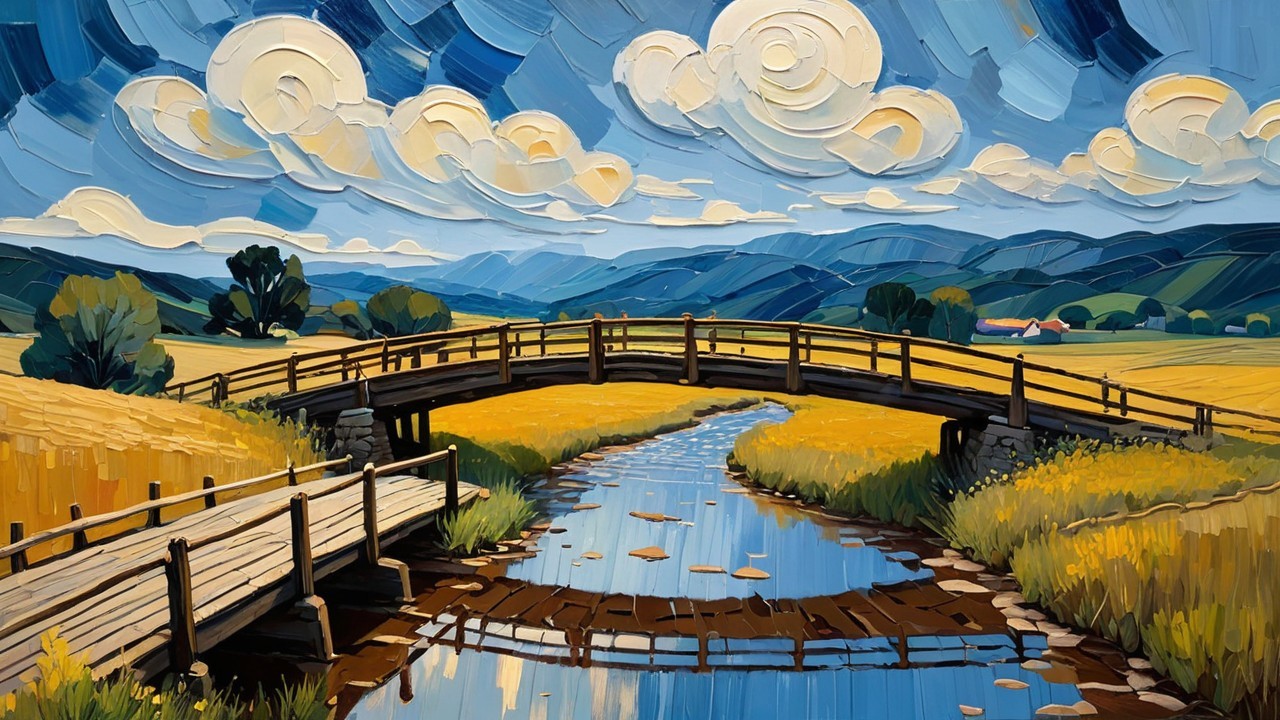 Vibrant Landscape Painting of Serene Rural Scene