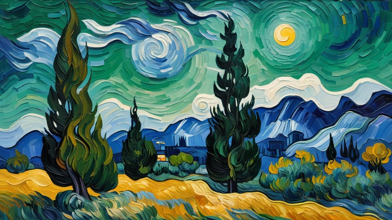 Vibrant Landscape with Swirling Skies and Cypress Trees