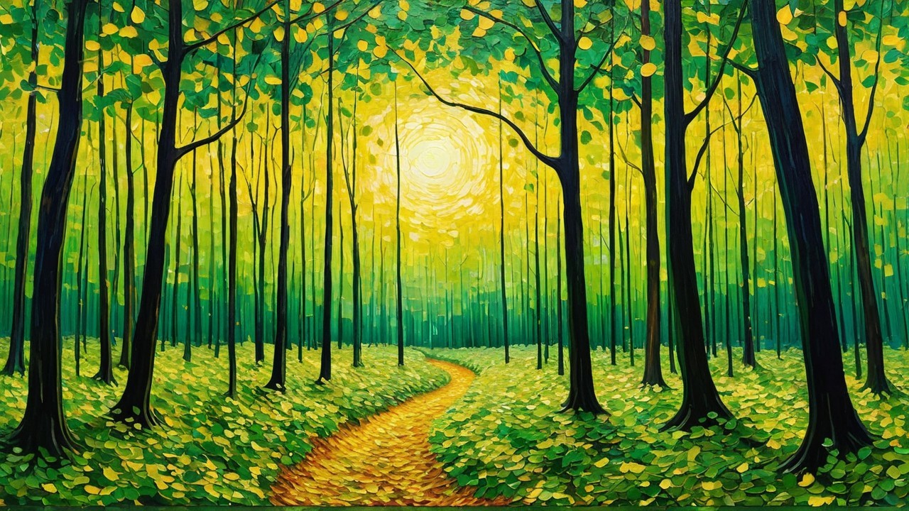 Vibrant Forest Scene with Sunlight and Winding Path