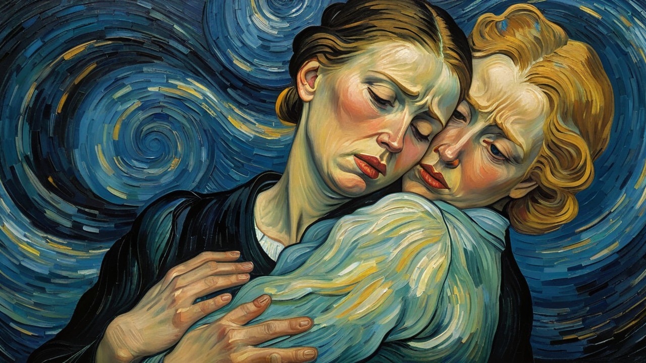 Emotional Embrace of Two Women in Swirling Background