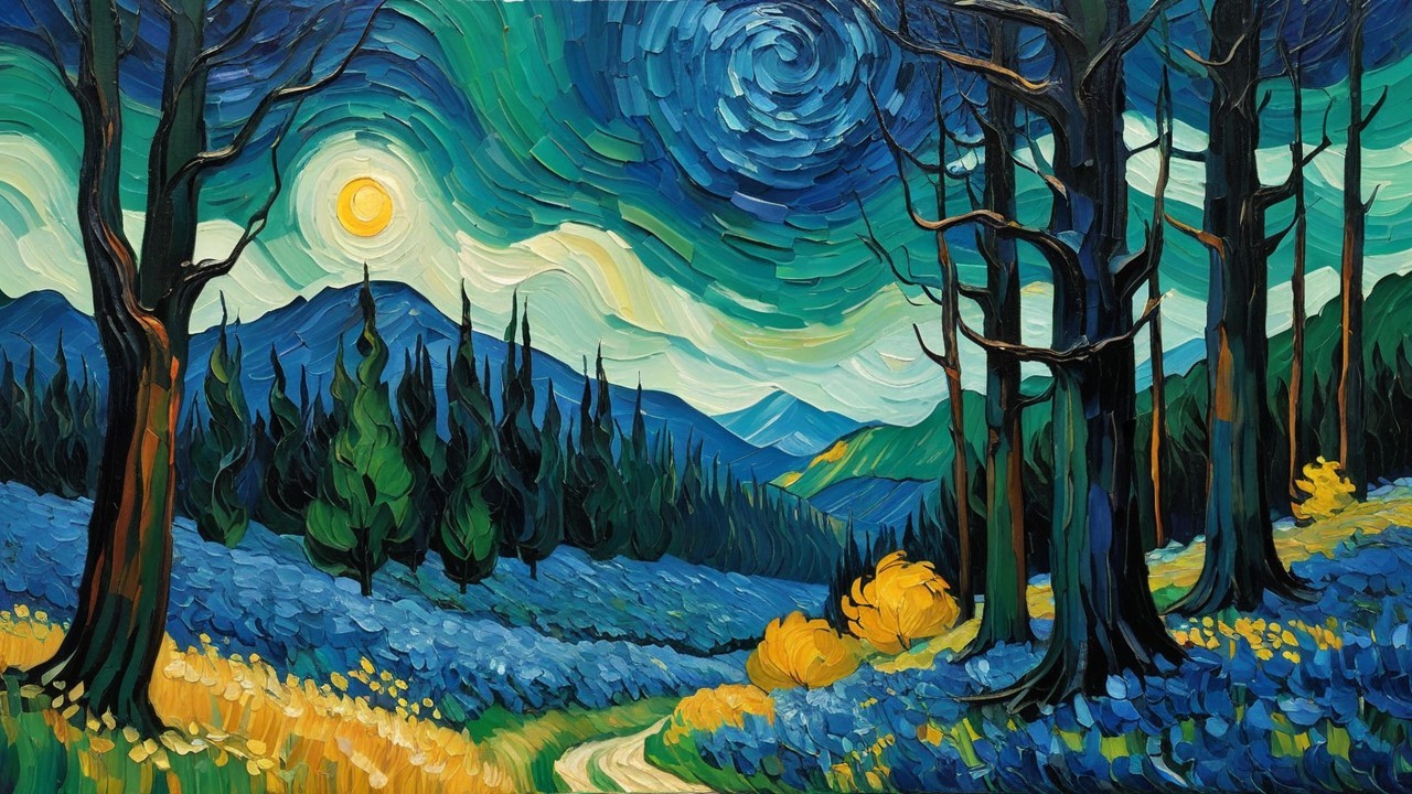 Starry Night Forest Scene with Mountains and Pathway