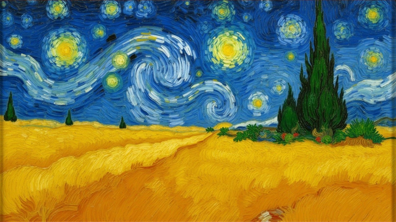 Swirling Night Sky Over Serene Landscape with Wheat Fields