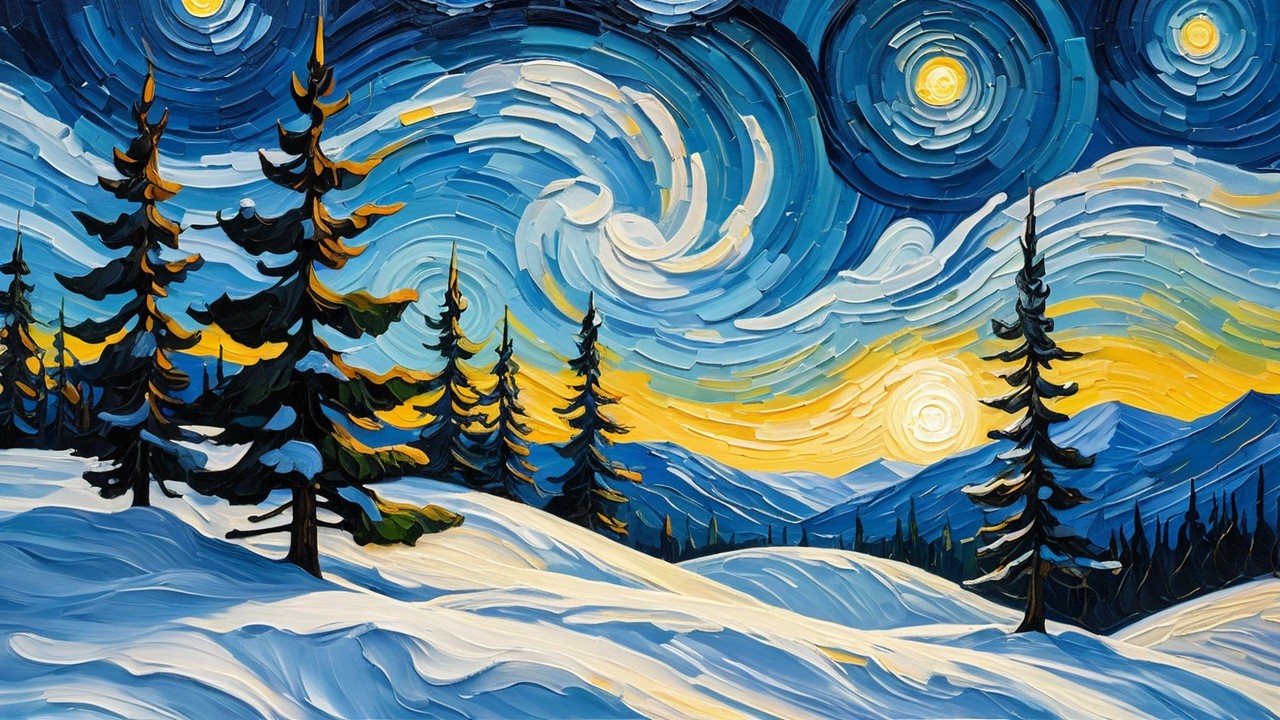 Vibrant Oil Painting of Snowy Landscape at Twilight