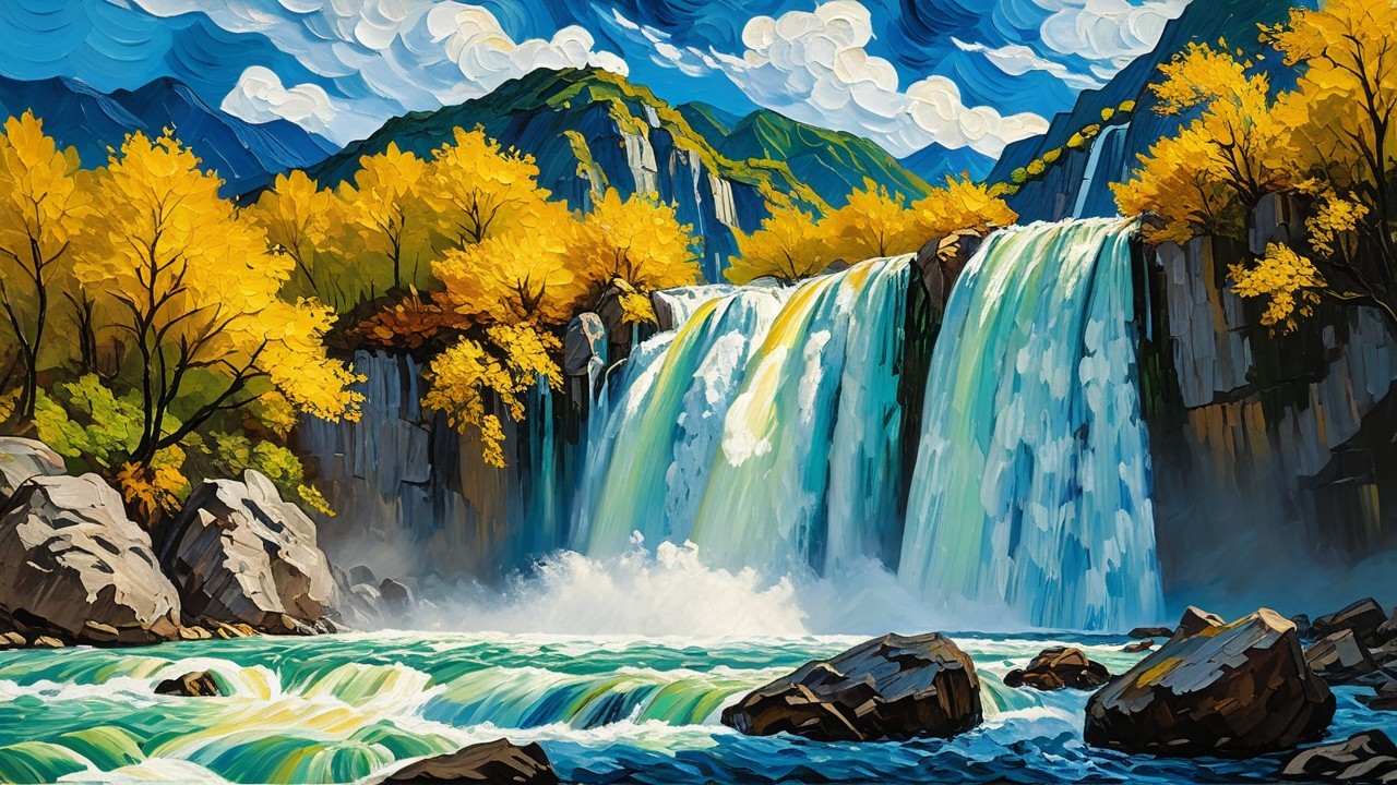 Waterfall Surrounded by Autumn Trees and Mountains