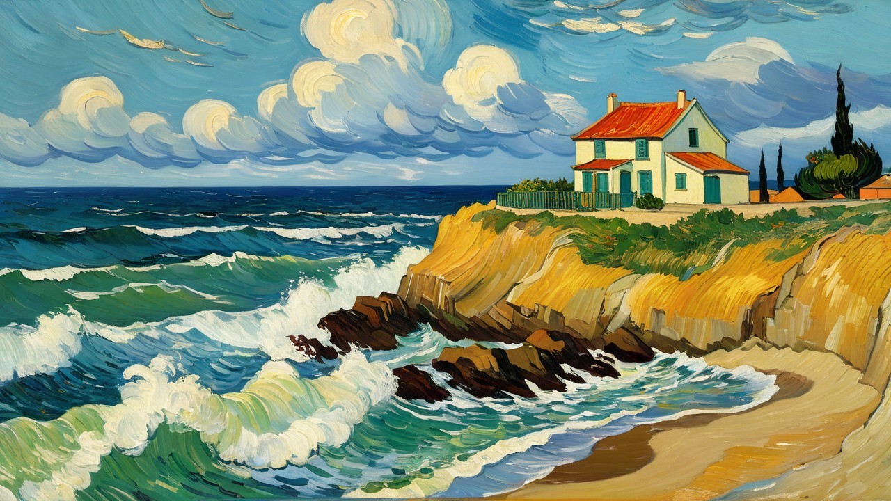 Vibrant Coastal Scene with Turquoise House and Ocean