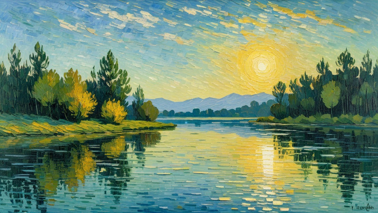 Serene landscape with river and vibrant sunset hues