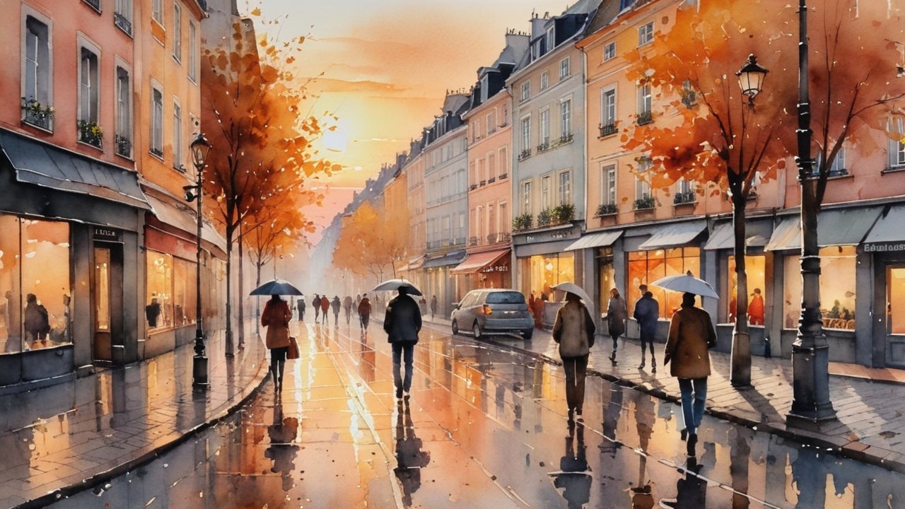 Watercolor Street Scene of Autumn Evening Stroll