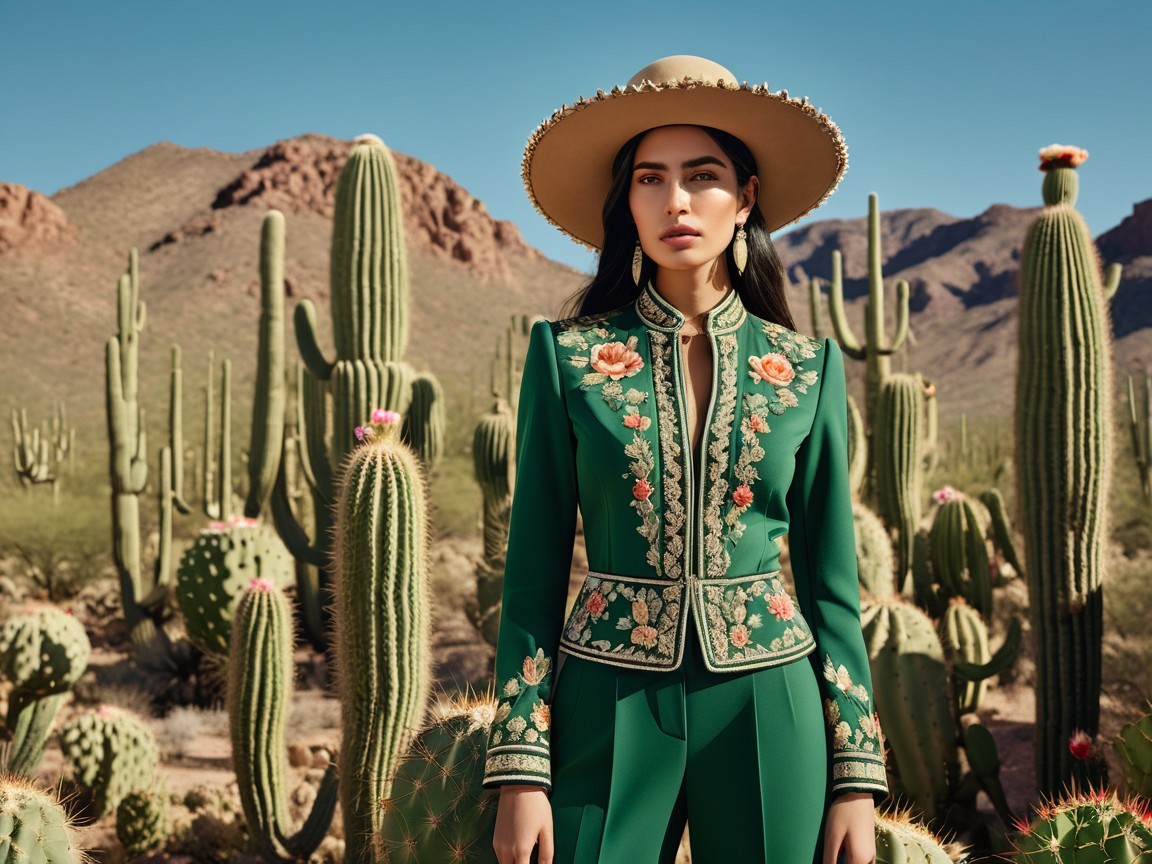 Vibrant Green Embroidered Suit in Desert Landscape
